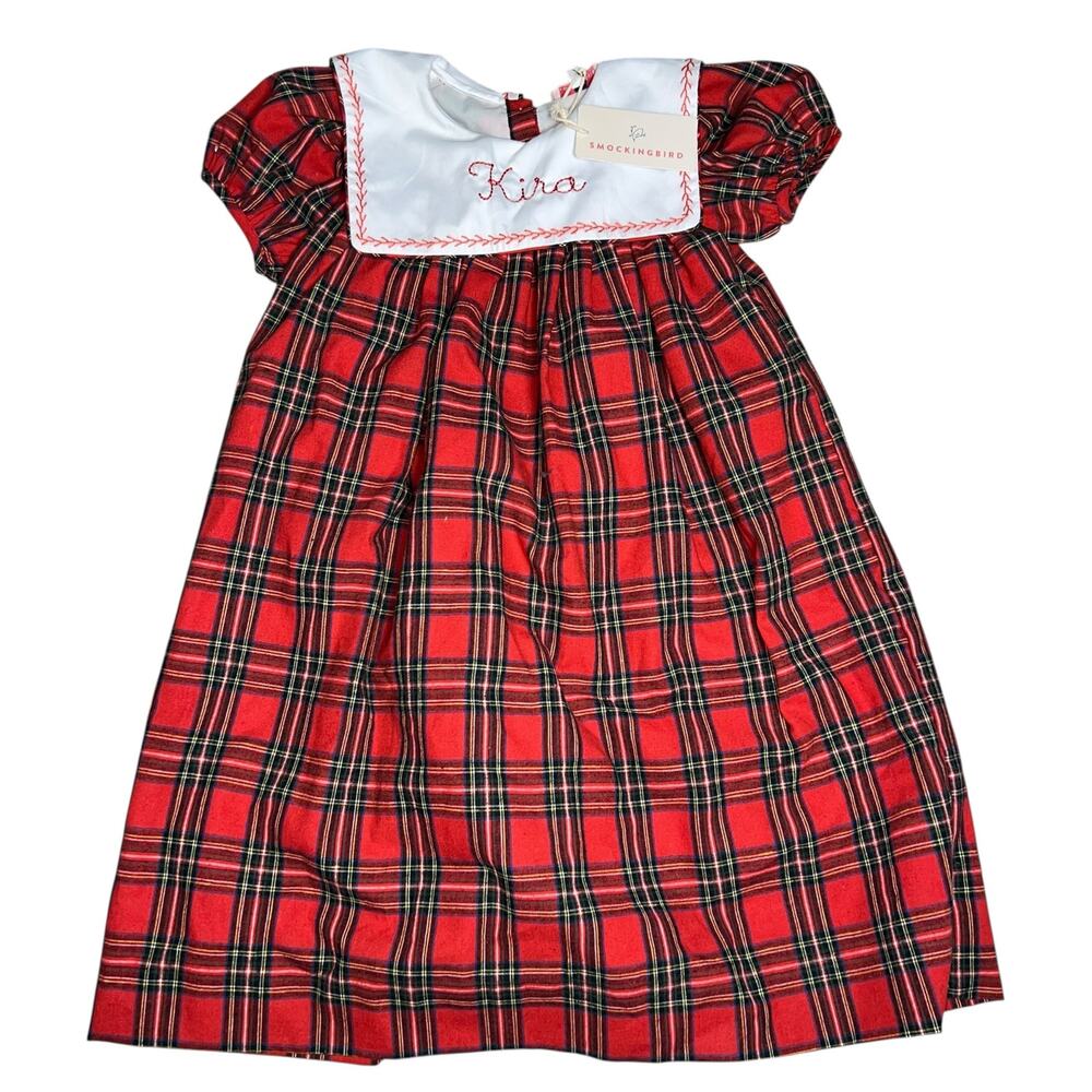 Smockingbird red tartan holiday plaid girl smocked dress personalized KIRA 7 NEW